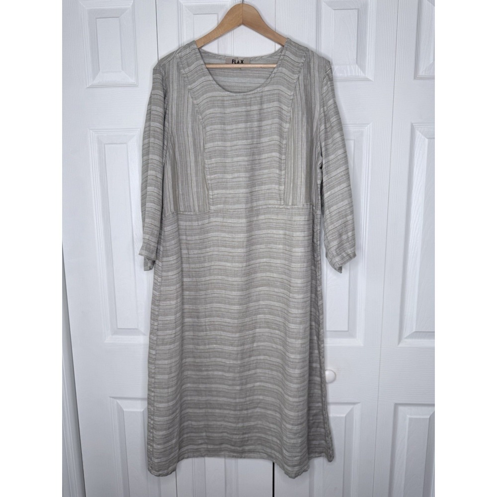 FLAX 100% Linen Lagenlook Mixed Stripe Midi Dress Tan Beige Womens Size Medium